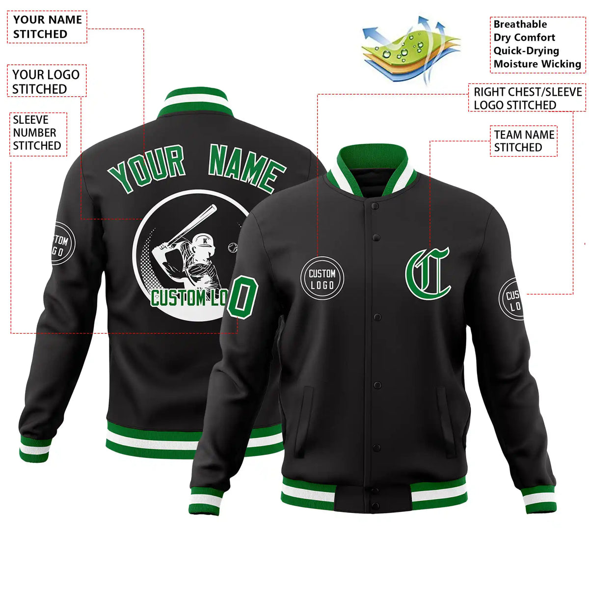Custom Black Kelly Green-Black Bomber Full-Snap Varsity Letterman Jacket