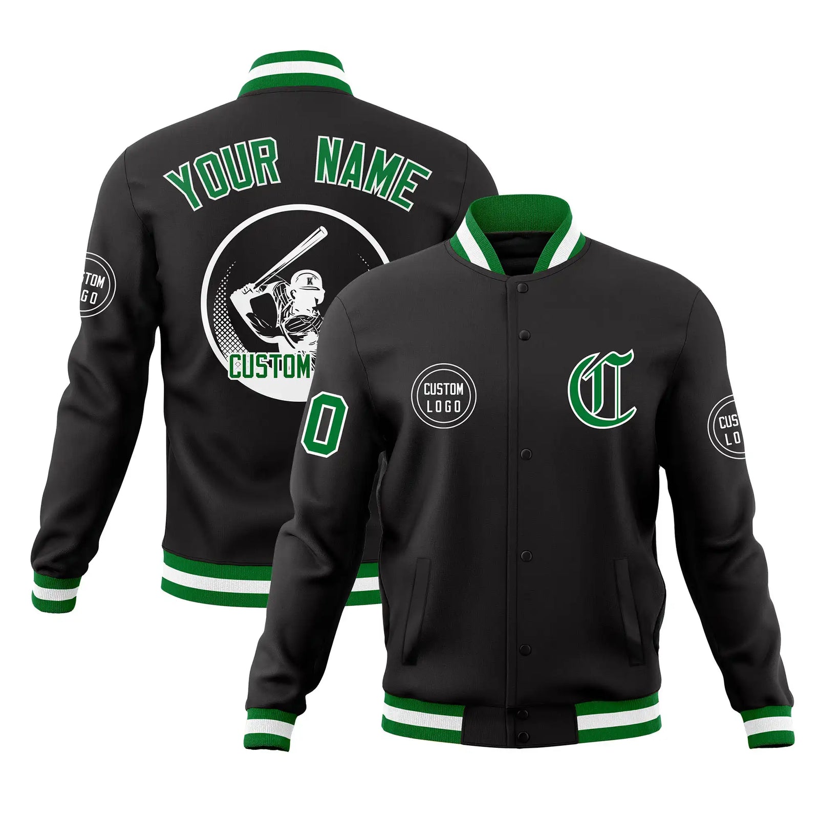 Custom Black Kelly Green-Black Bomber Full-Snap Varsity Letterman Jacket