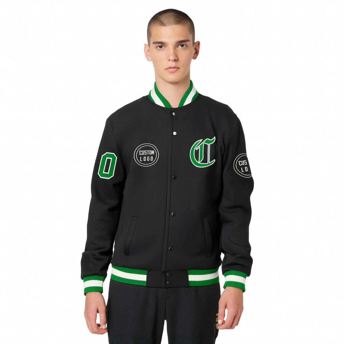 Custom Black Kelly Green-Black Bomber Full-Snap Varsity Letterman Jacket