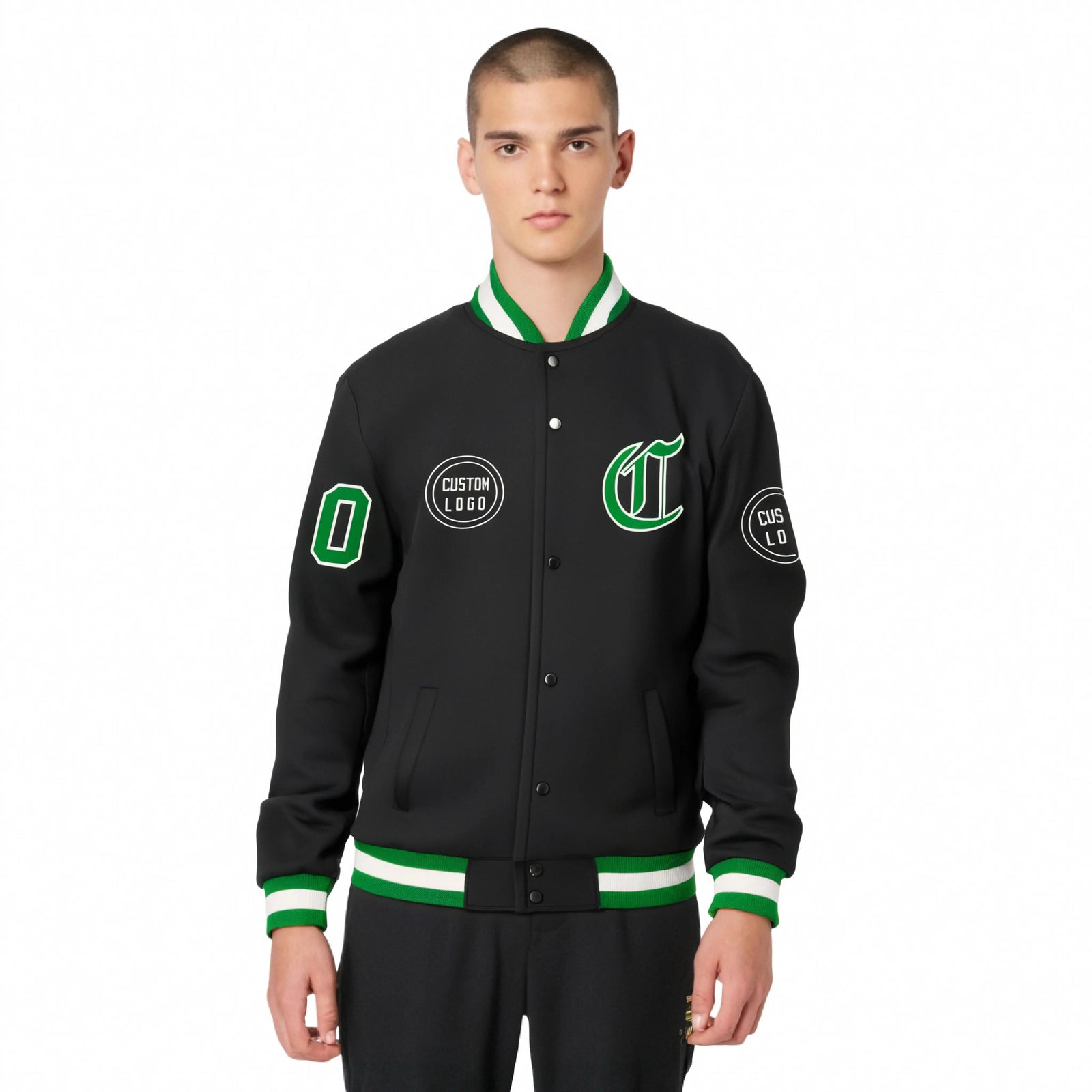 Custom Black Kelly Green-Black Bomber Full-Snap Varsity Letterman Jacket