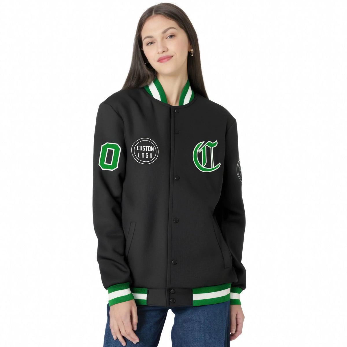 Custom Black Kelly Green-Black Bomber Full-Snap Varsity Letterman Jacket