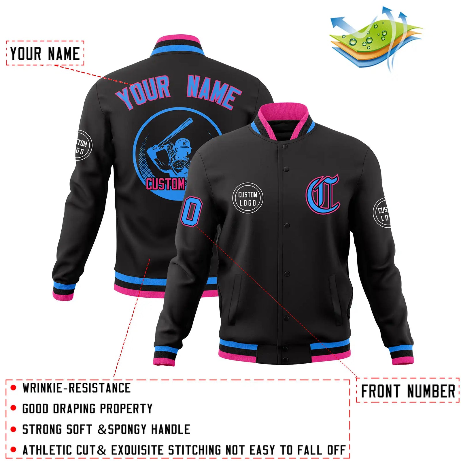 Custom Black Powder Blue-Pink Bomber Full-Snap Varsity Letterman Jacket