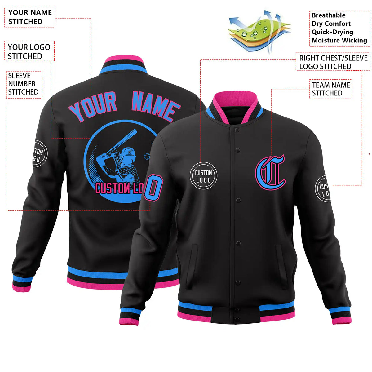 Custom Black Powder Blue-Pink Bomber Full-Snap Varsity Letterman Jacket