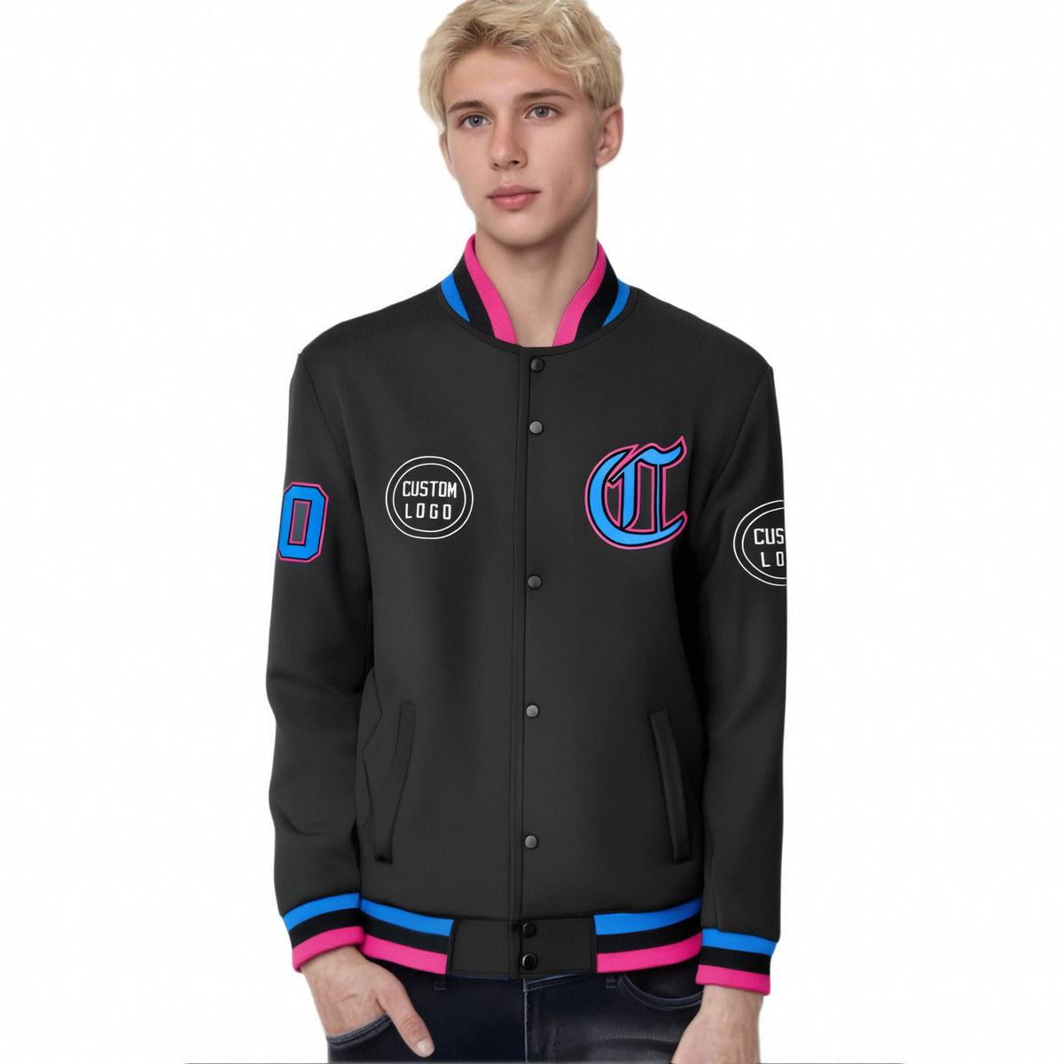 Custom Black Powder Blue-Pink Bomber Full-Snap Varsity Letterman Jacket
