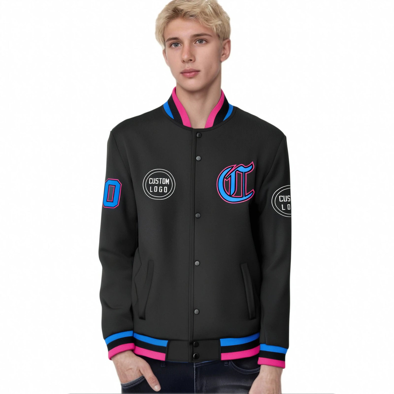 Custom Black Powder Blue-Pink Bomber Full-Snap Varsity Letterman Jacket