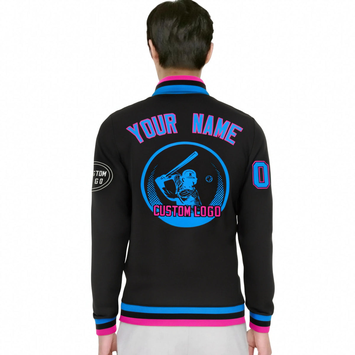 Custom Black Powder Blue-Pink Bomber Full-Snap Varsity Letterman Jacket