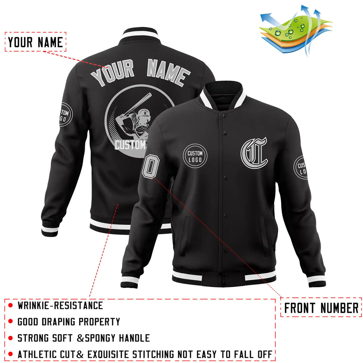 Custom Black Black-White Bomber Full-Snap Varsity Letterman Jacket