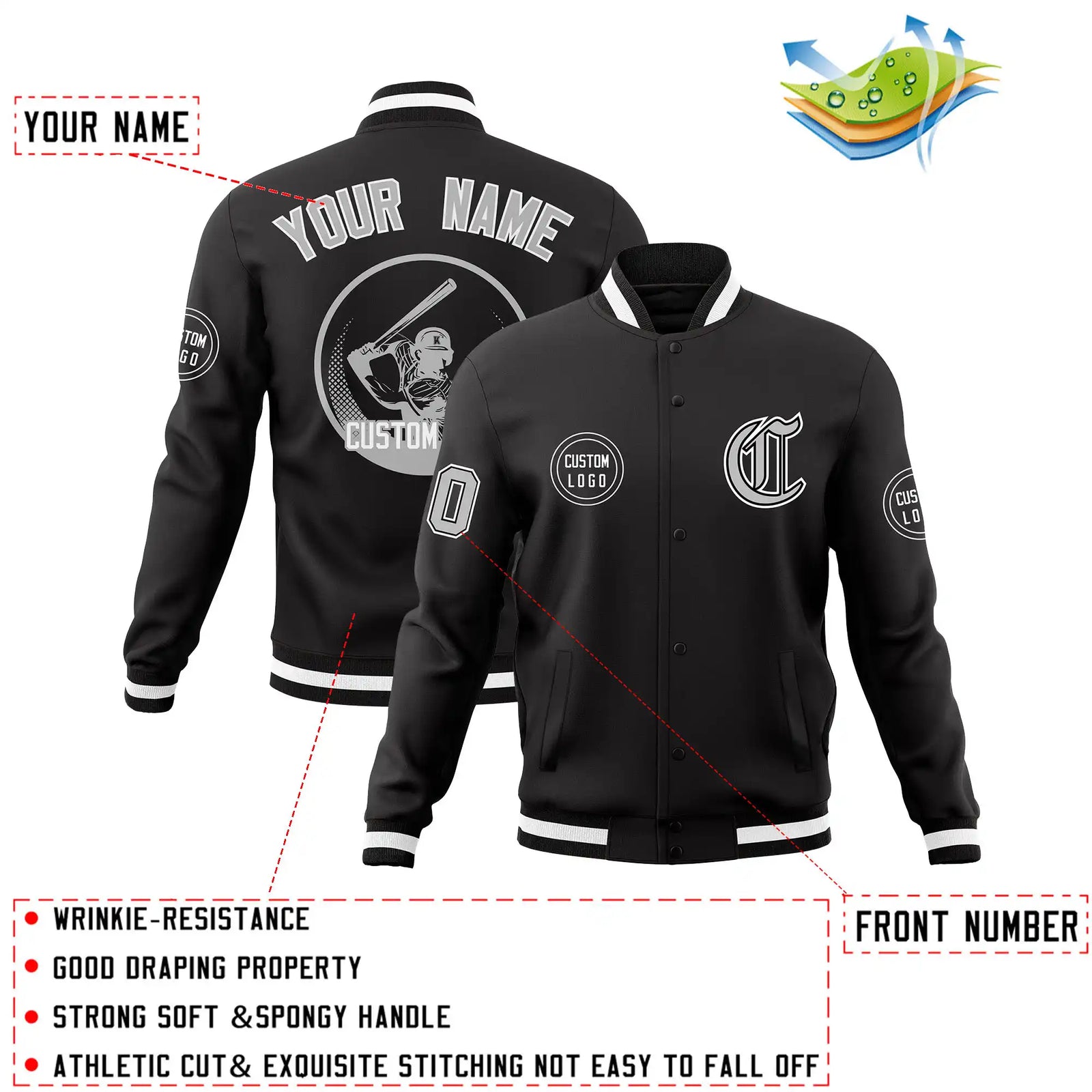 Custom Black Black-White Bomber Full-Snap Varsity Letterman Jacket