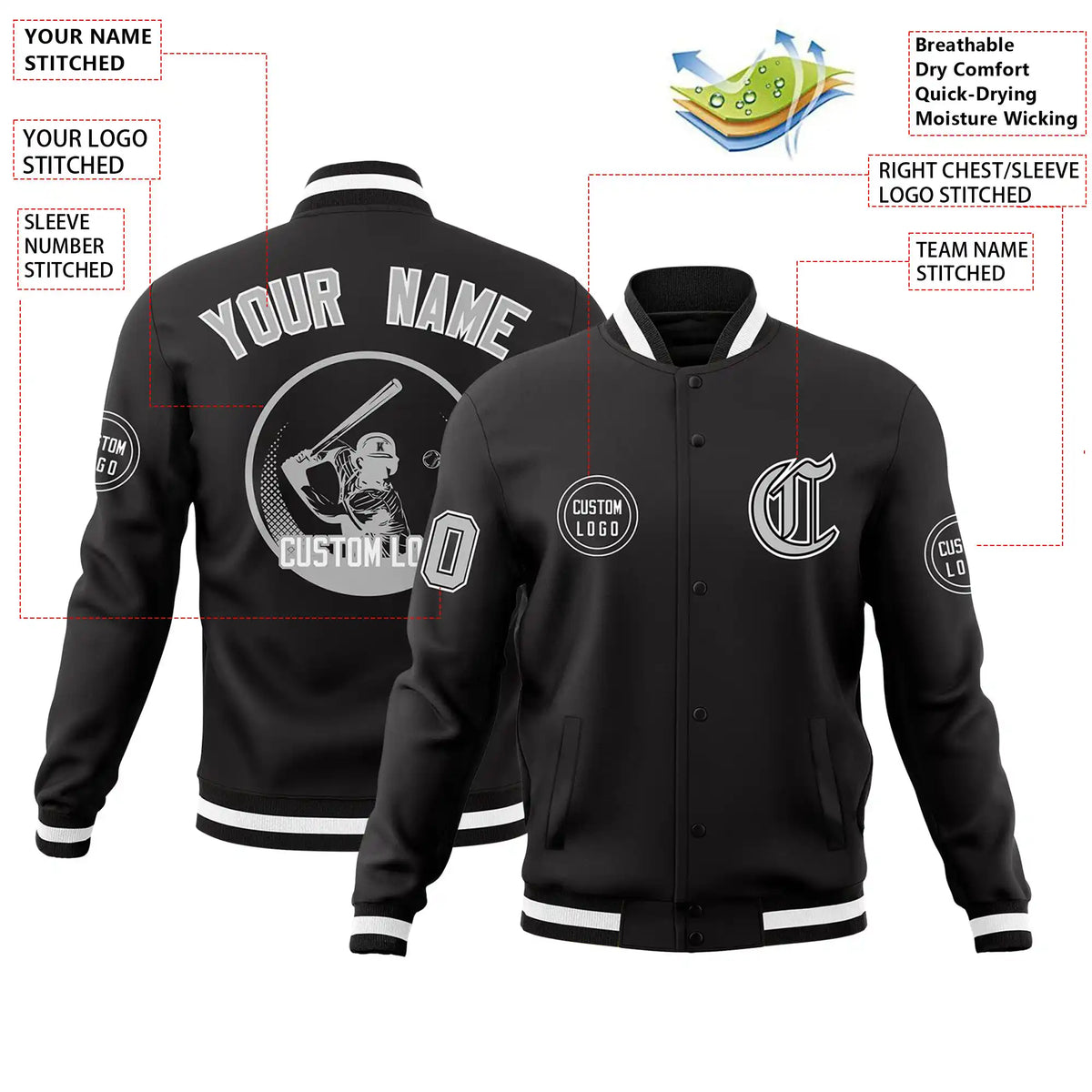 Custom Black Black-White Bomber Full-Snap Varsity Letterman Jacket
