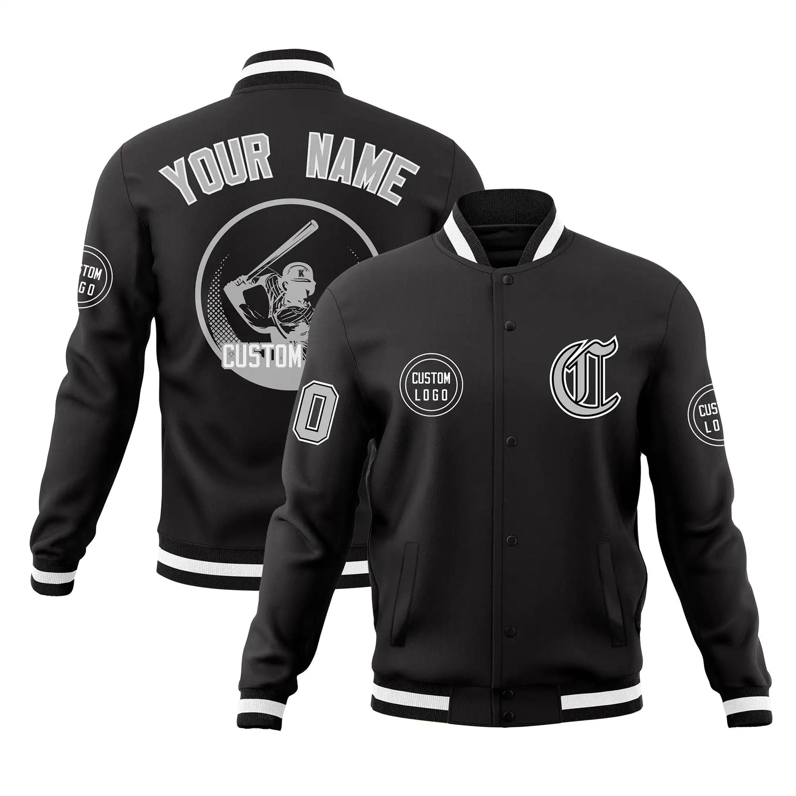 Custom Black Black-White Bomber Full-Snap Varsity Letterman Jacket