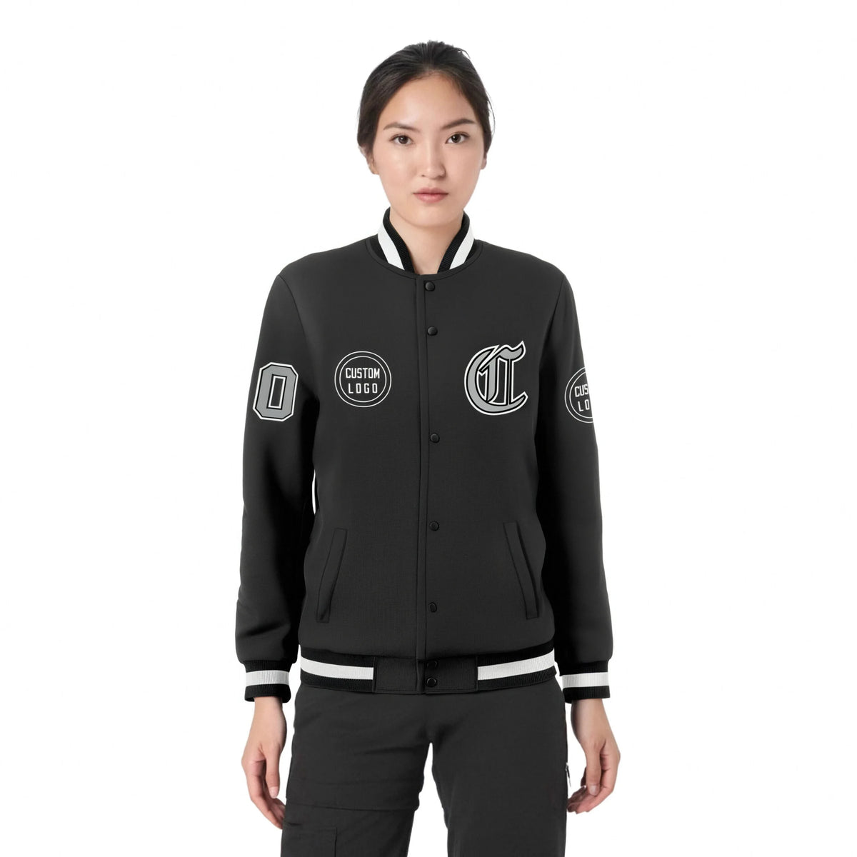 Custom Black Black-White Bomber Full-Snap Varsity Letterman Jacket