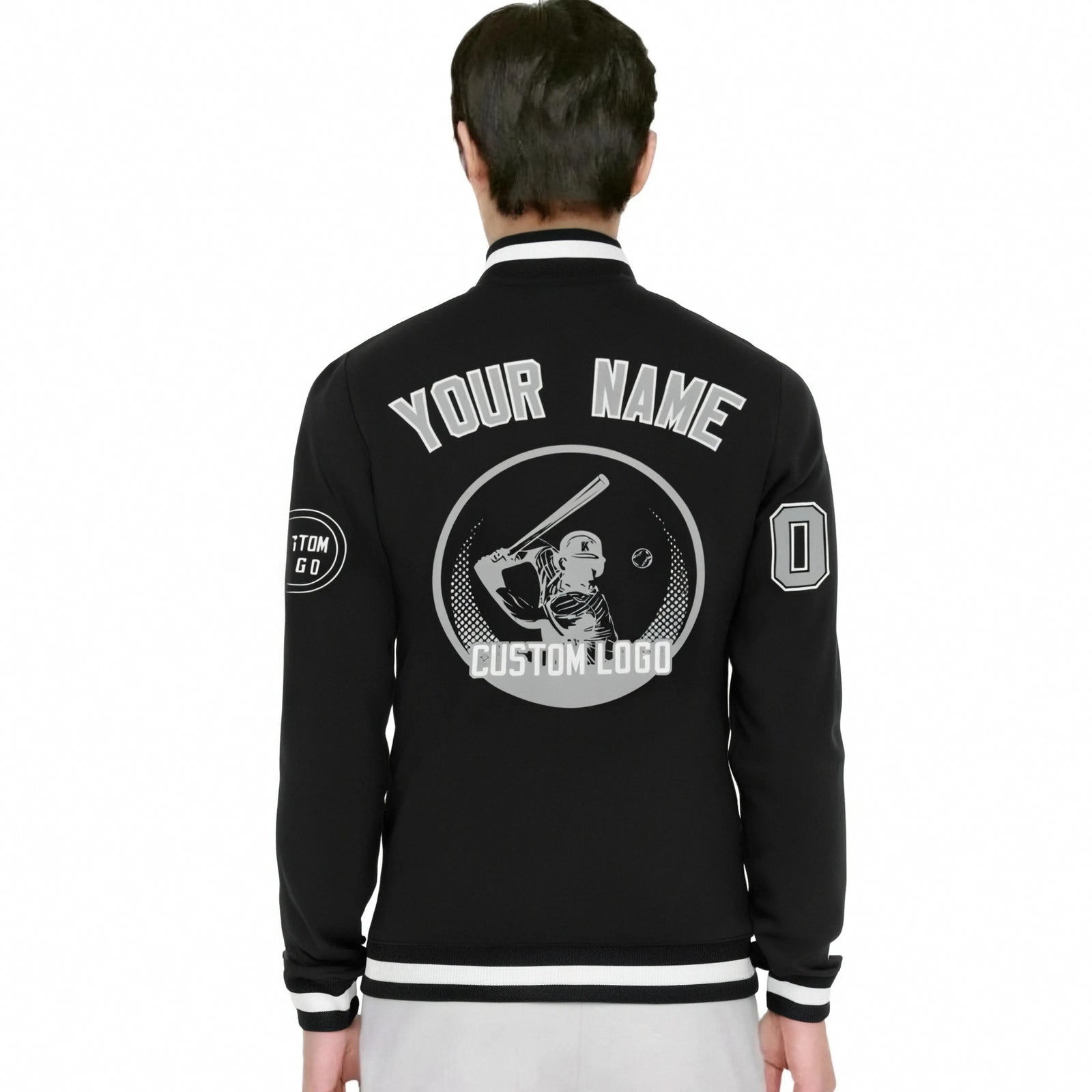 Custom Black Black-White Bomber Full-Snap Varsity Letterman Jacket