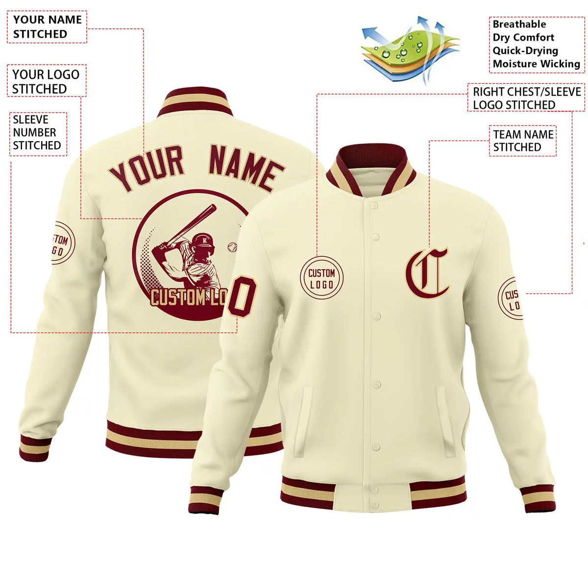 Custom Cream Crimson-Old Gold Bomber Full-Snap Varsity Letterman Jacket