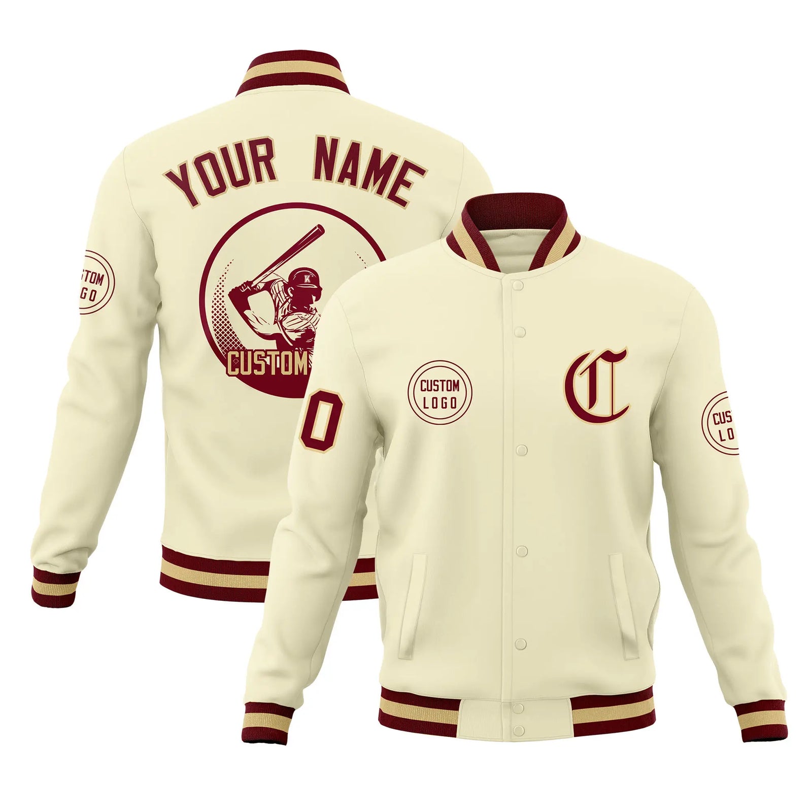 Custom Cream Crimson-Old Gold Bomber Full-Snap Varsity Letterman Jacket