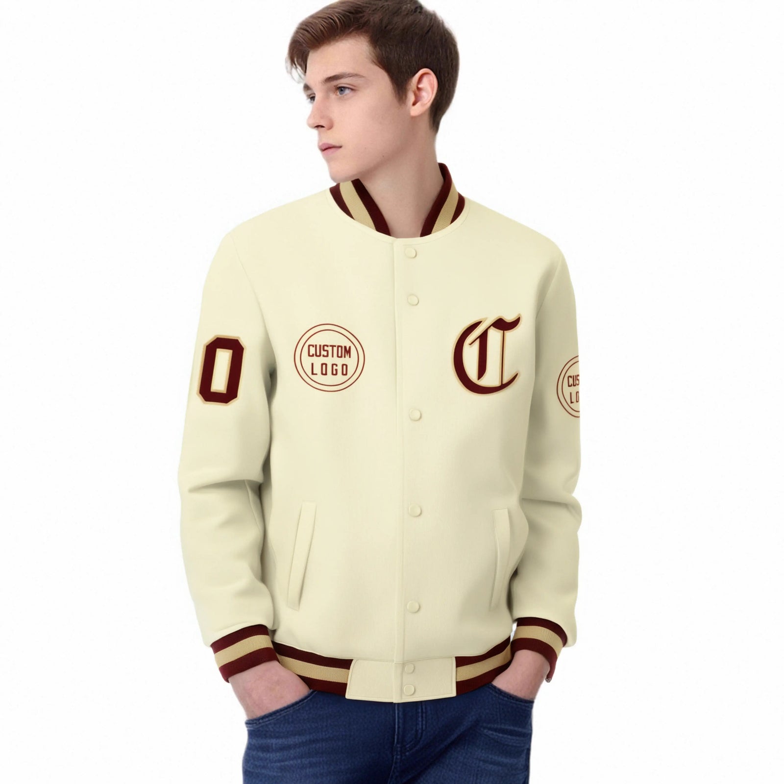 Custom Cream Crimson-Old Gold Bomber Full-Snap Varsity Letterman Jacket