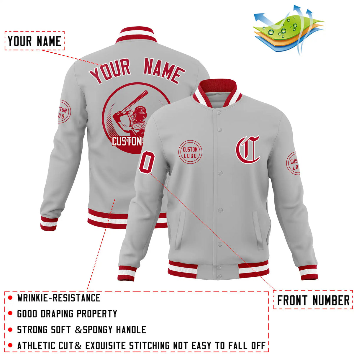 Custom Gray Red-White Bomber Full-Snap Varsity Letterman Jacket