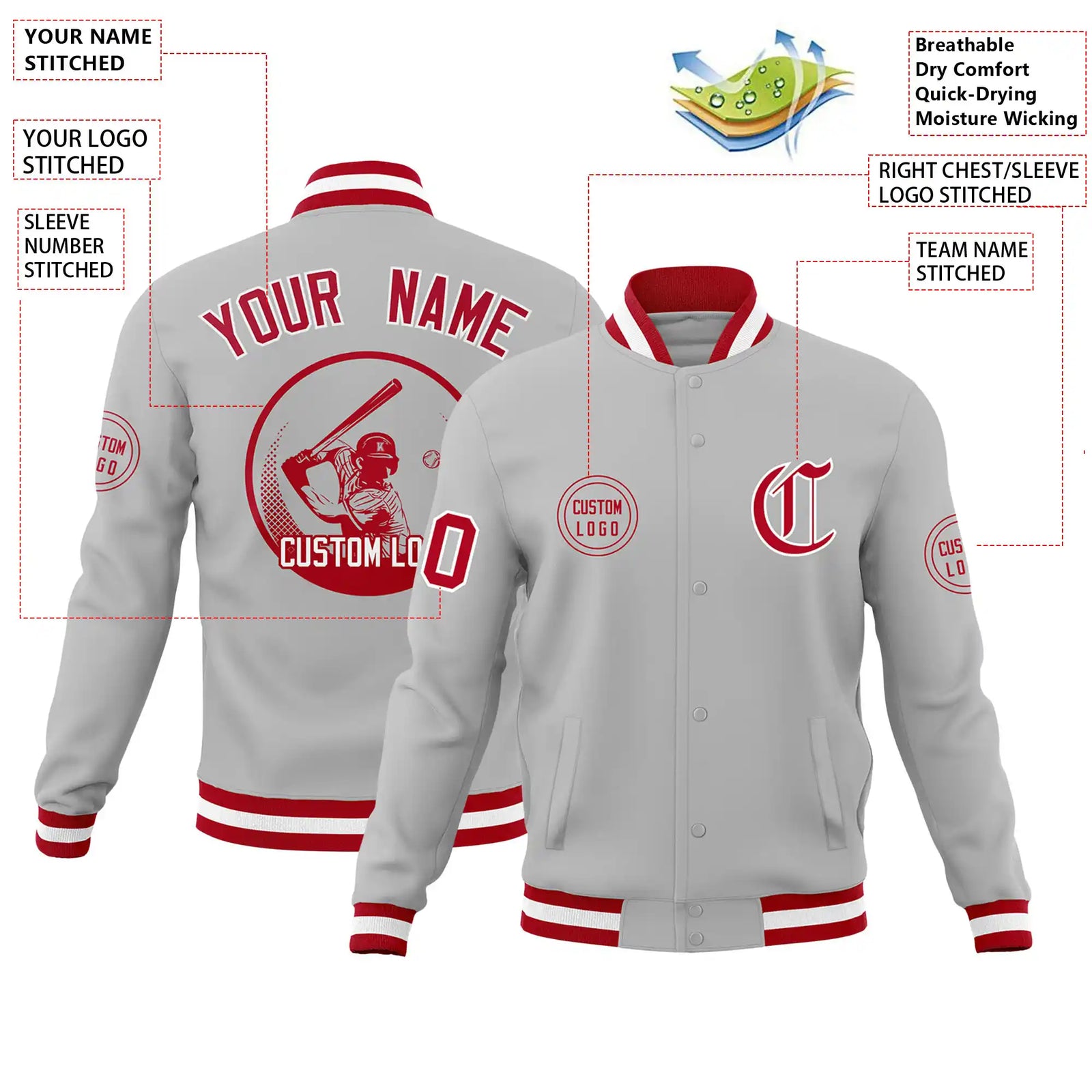 Custom Gray Red-White Bomber Full-Snap Varsity Letterman Jacket