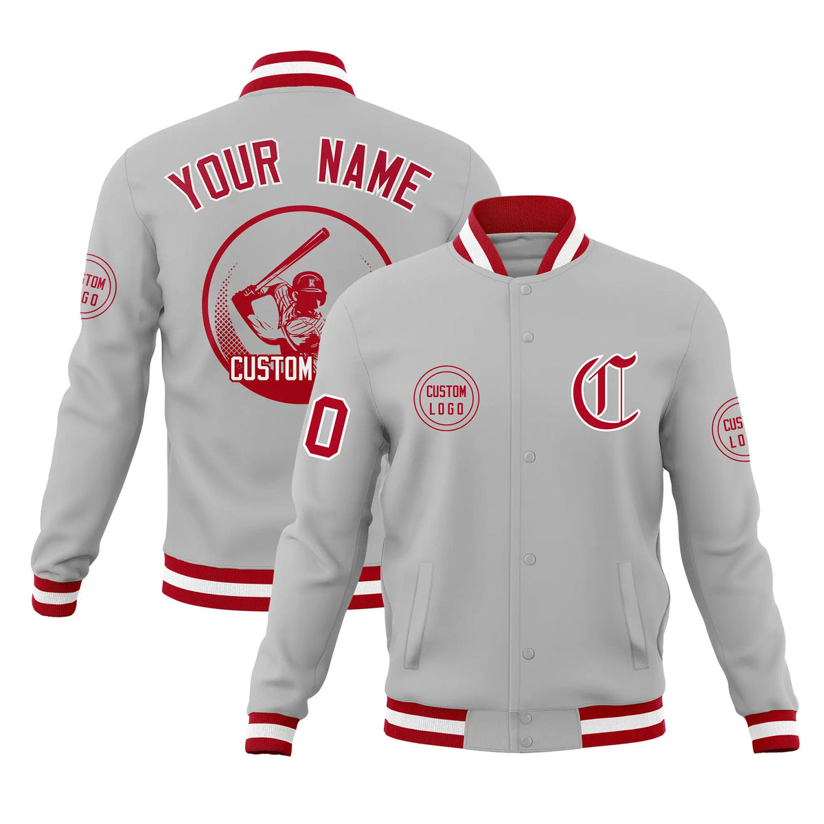 Custom Gray Red-White Bomber Full-Snap Varsity Letterman Jacket