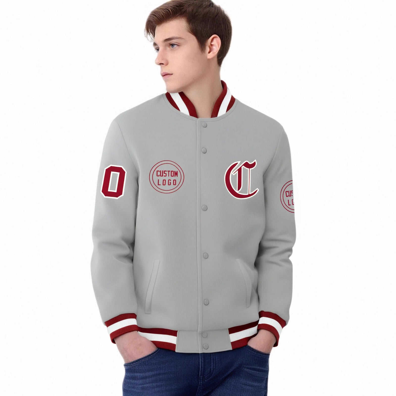 Custom Gray Red-White Bomber Full-Snap Varsity Letterman Jacket