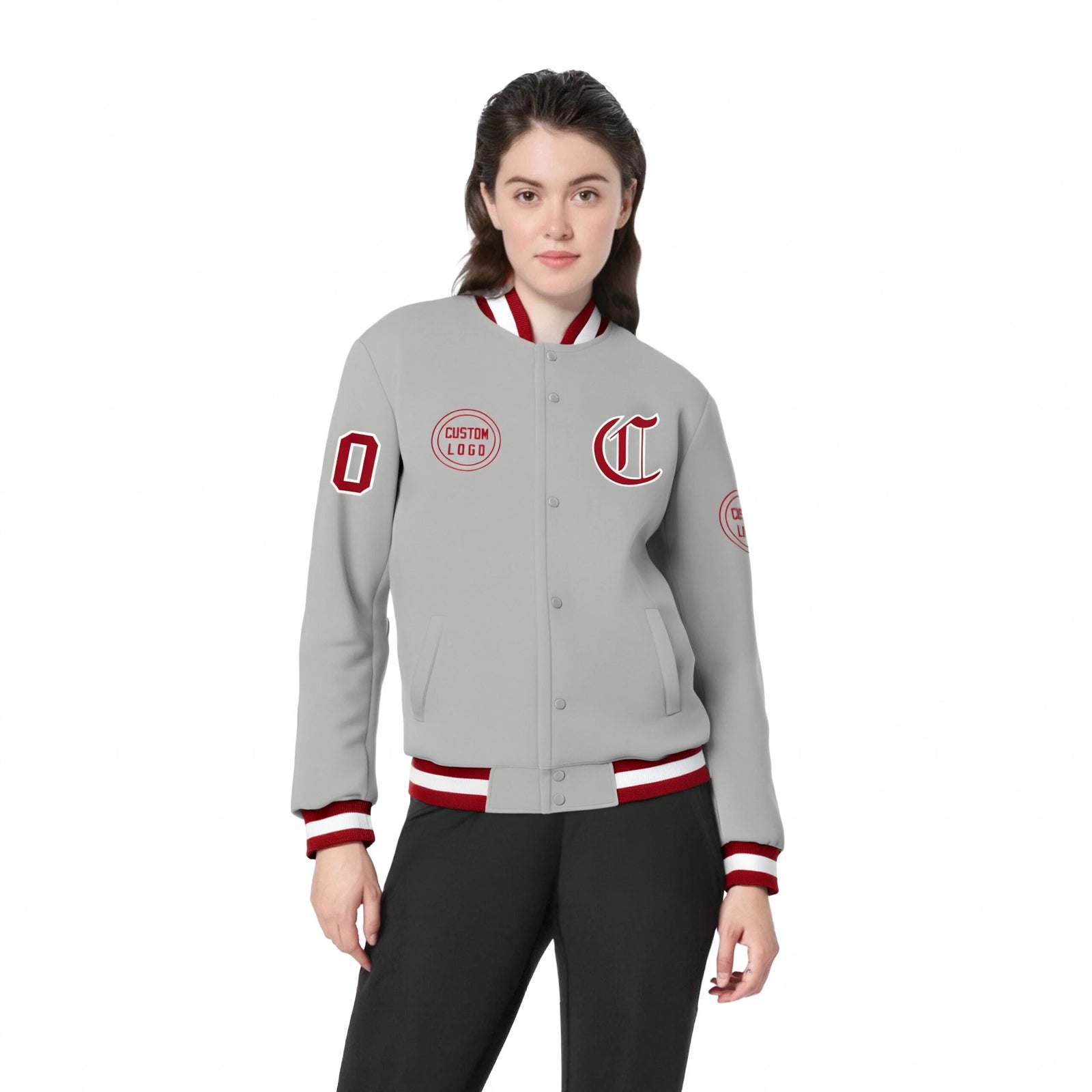 Custom Gray Red-White Bomber Full-Snap Varsity Letterman Jacket