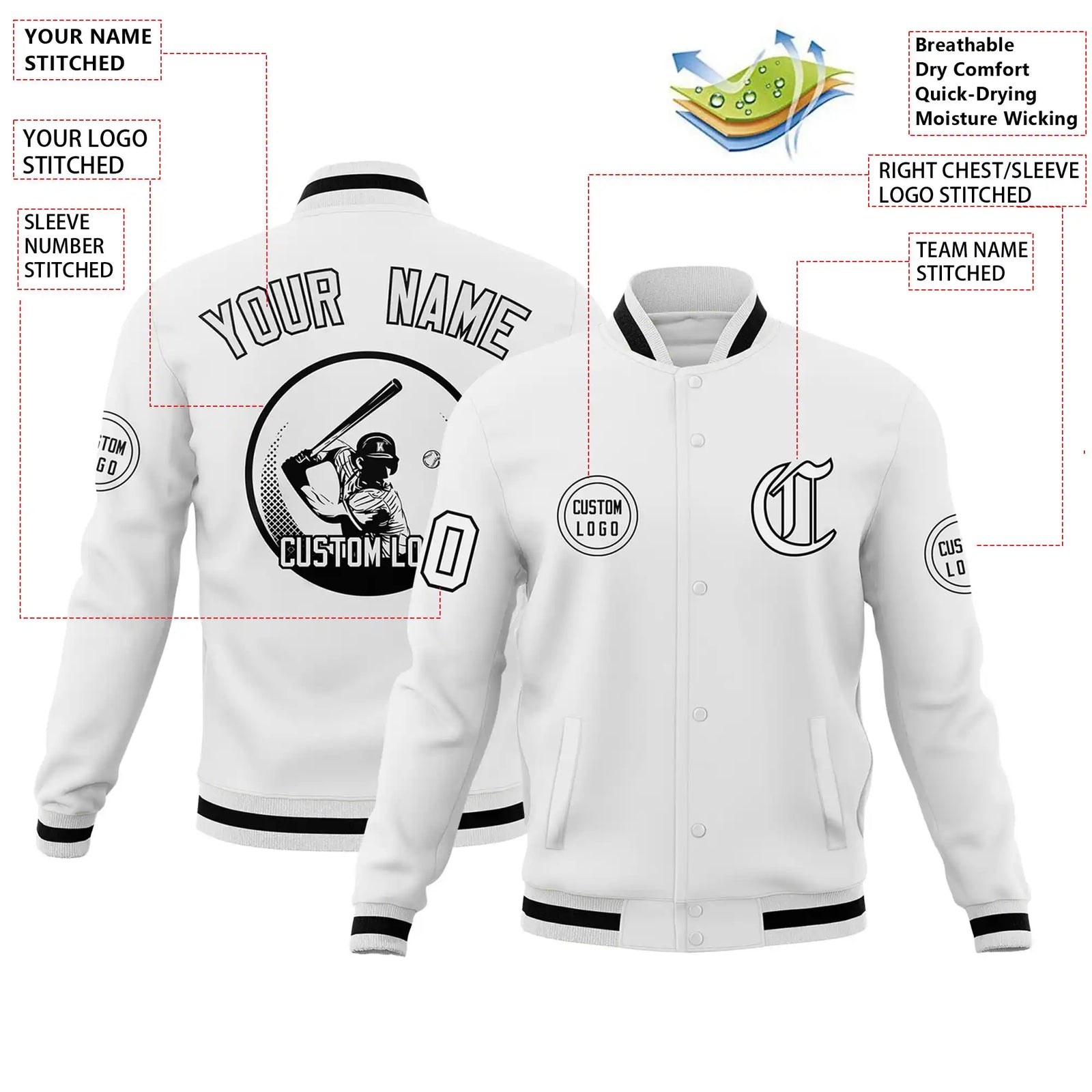 Custom White Black-White Bomber Full-Snap Varsity Letterman Jacket