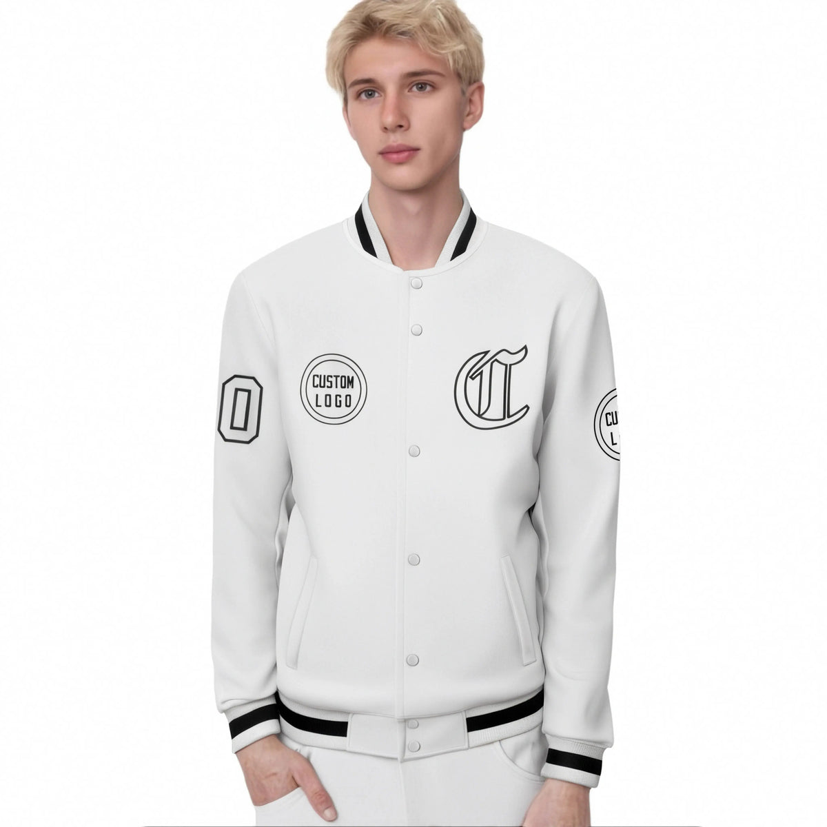 Custom White Black-White Bomber Full-Snap Varsity Letterman Jacket