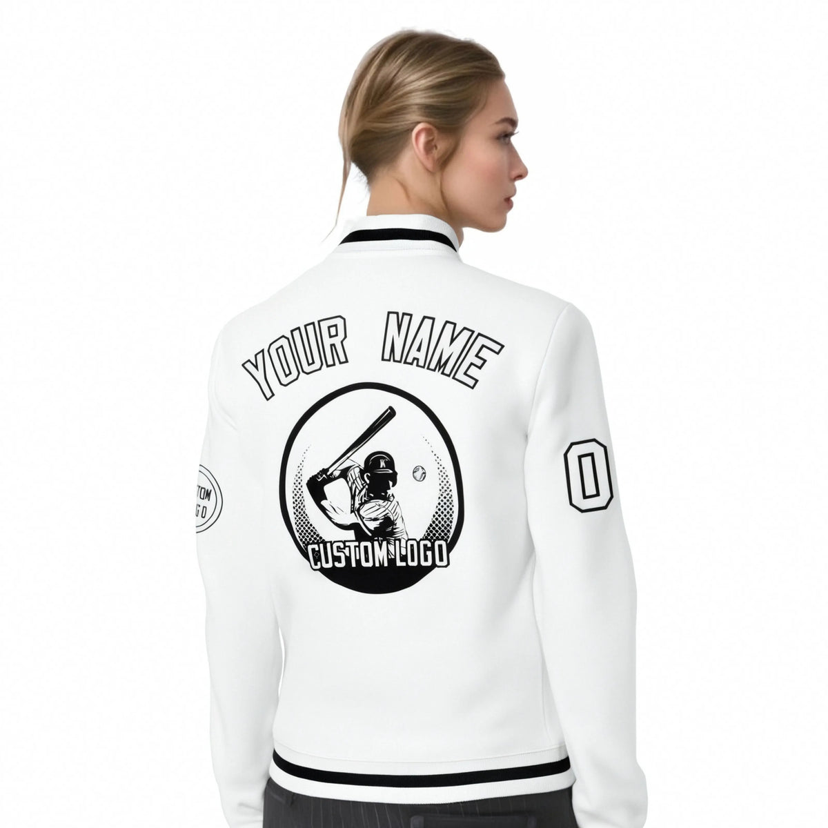 Custom White Black-White Bomber Full-Snap Varsity Letterman Jacket