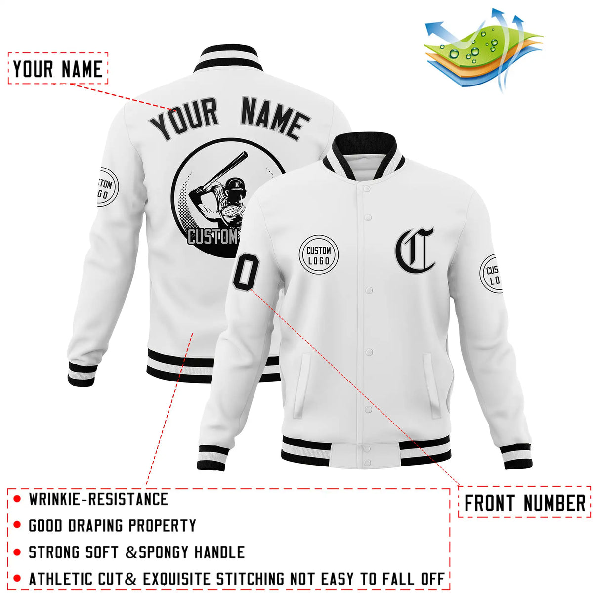 Custom White Black-White Bomber Full-Snap Varsity Letterman Jacket