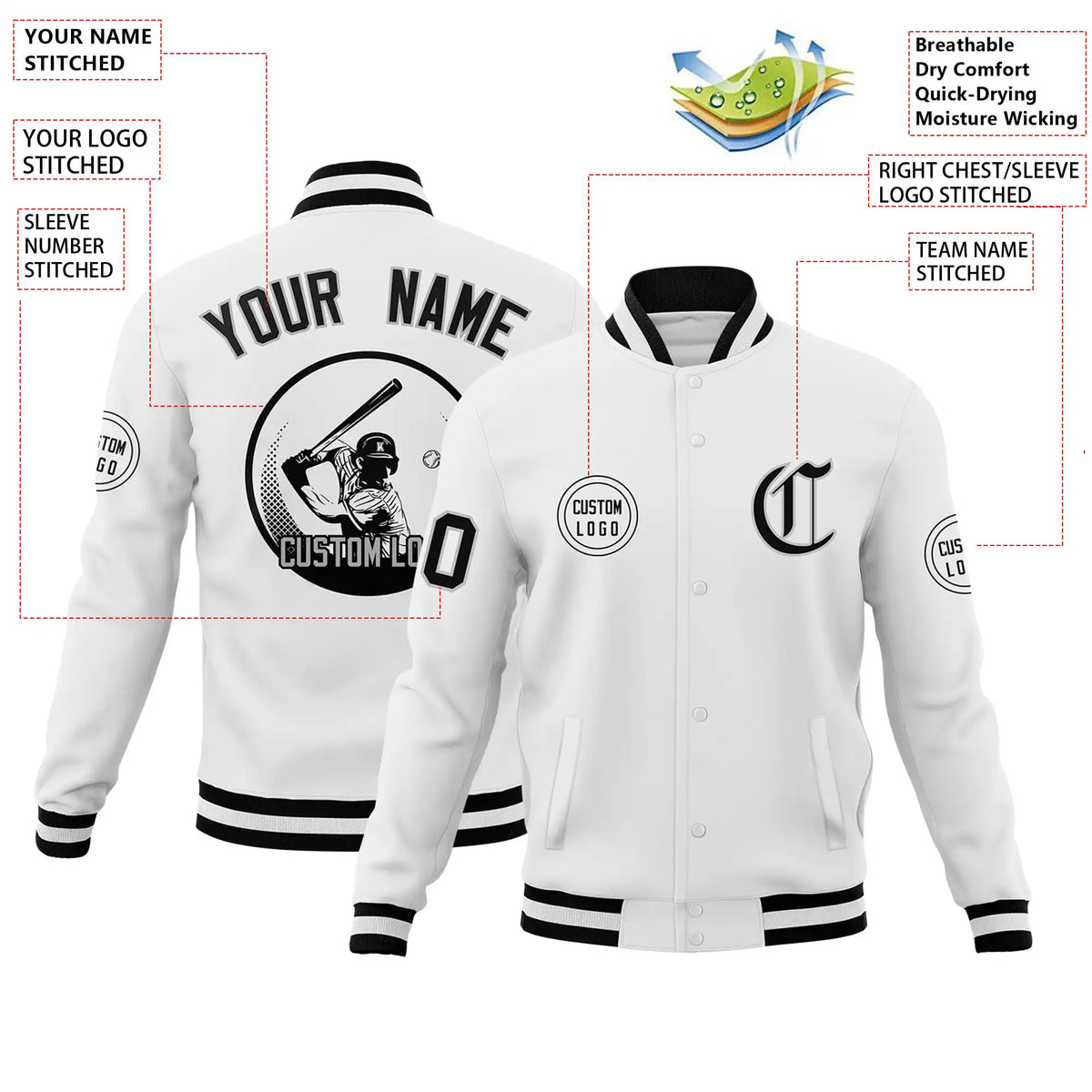 Custom White Black-White Bomber Full-Snap Varsity Letterman Jacket