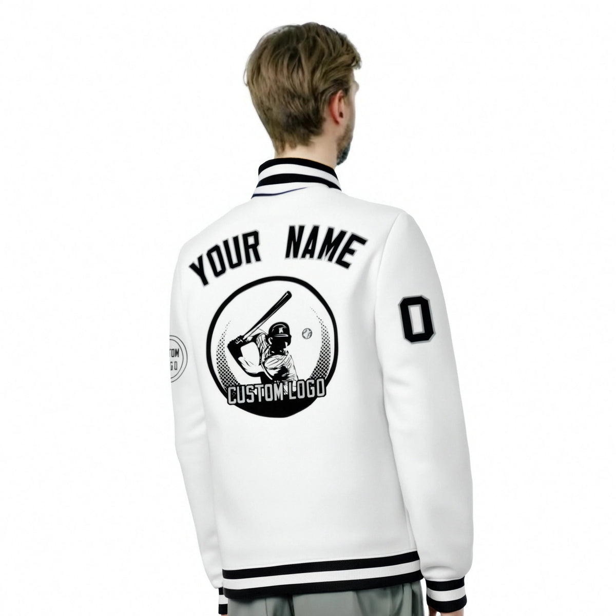Custom White Black-White Bomber Full-Snap Varsity Letterman Jacket