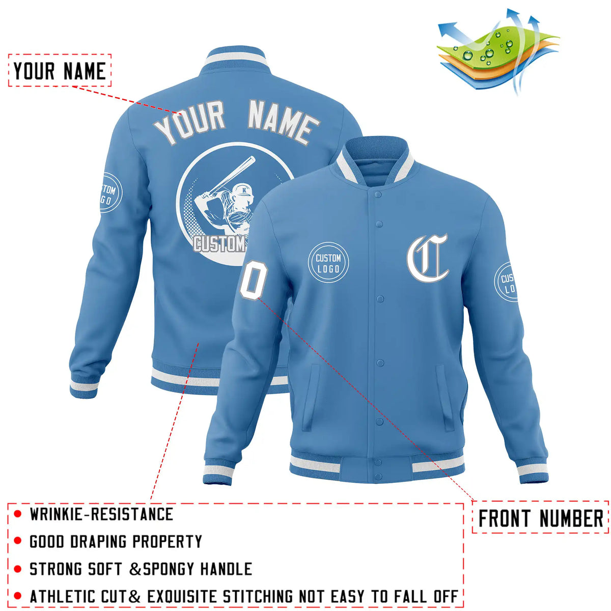 Custom Powder Blue Powder Blue-White Bomber Full-Snap Varsity Letterman Jacket