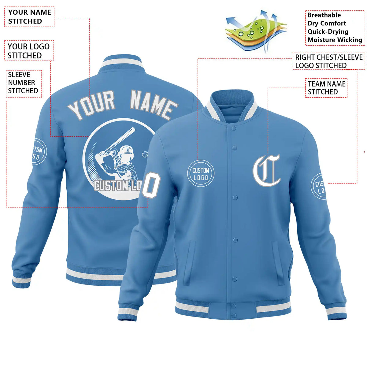 Custom Powder Blue Powder Blue-White Bomber Full-Snap Varsity Letterman Jacket