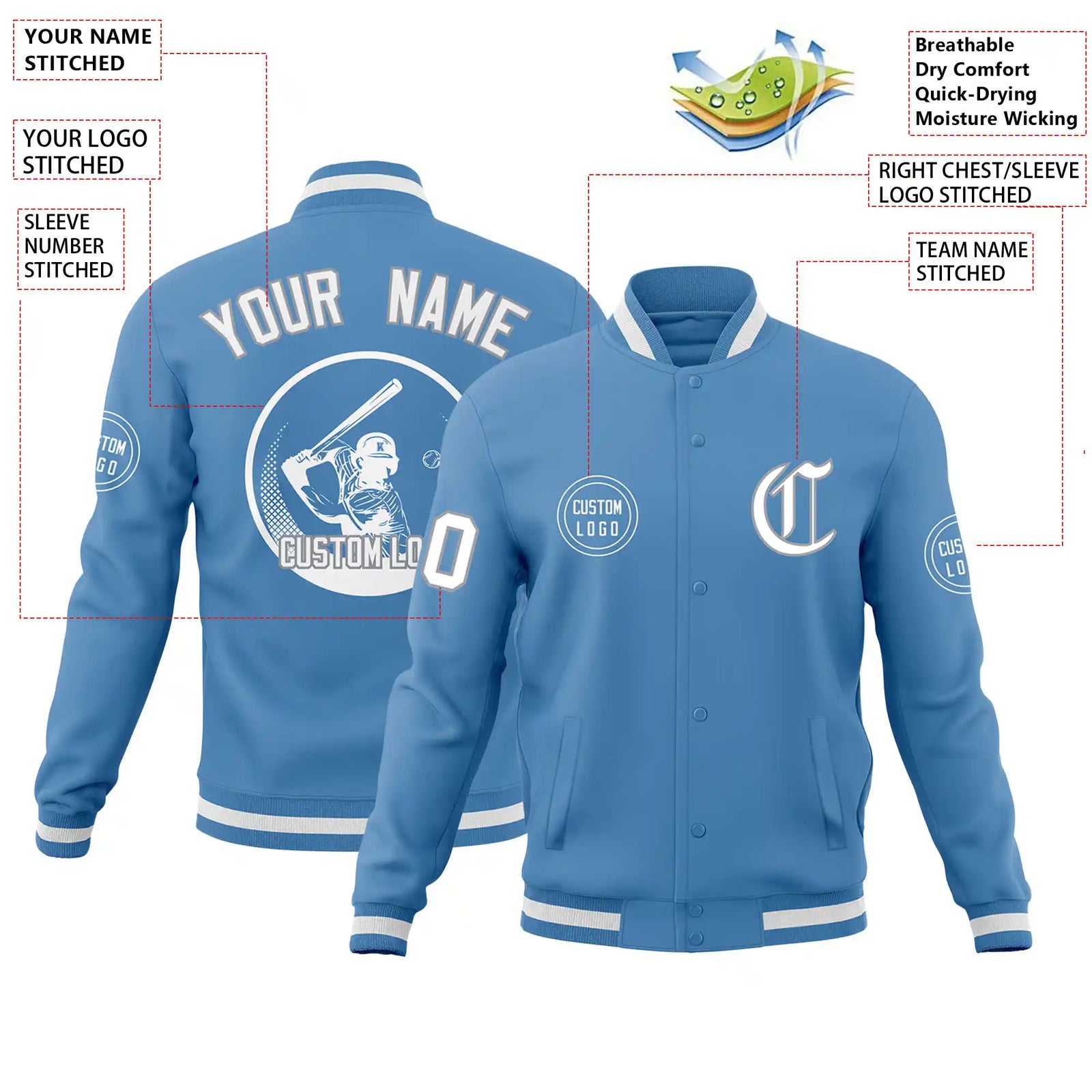 Custom Powder Blue Powder Blue-White Bomber Full-Snap Varsity Letterman Jacket