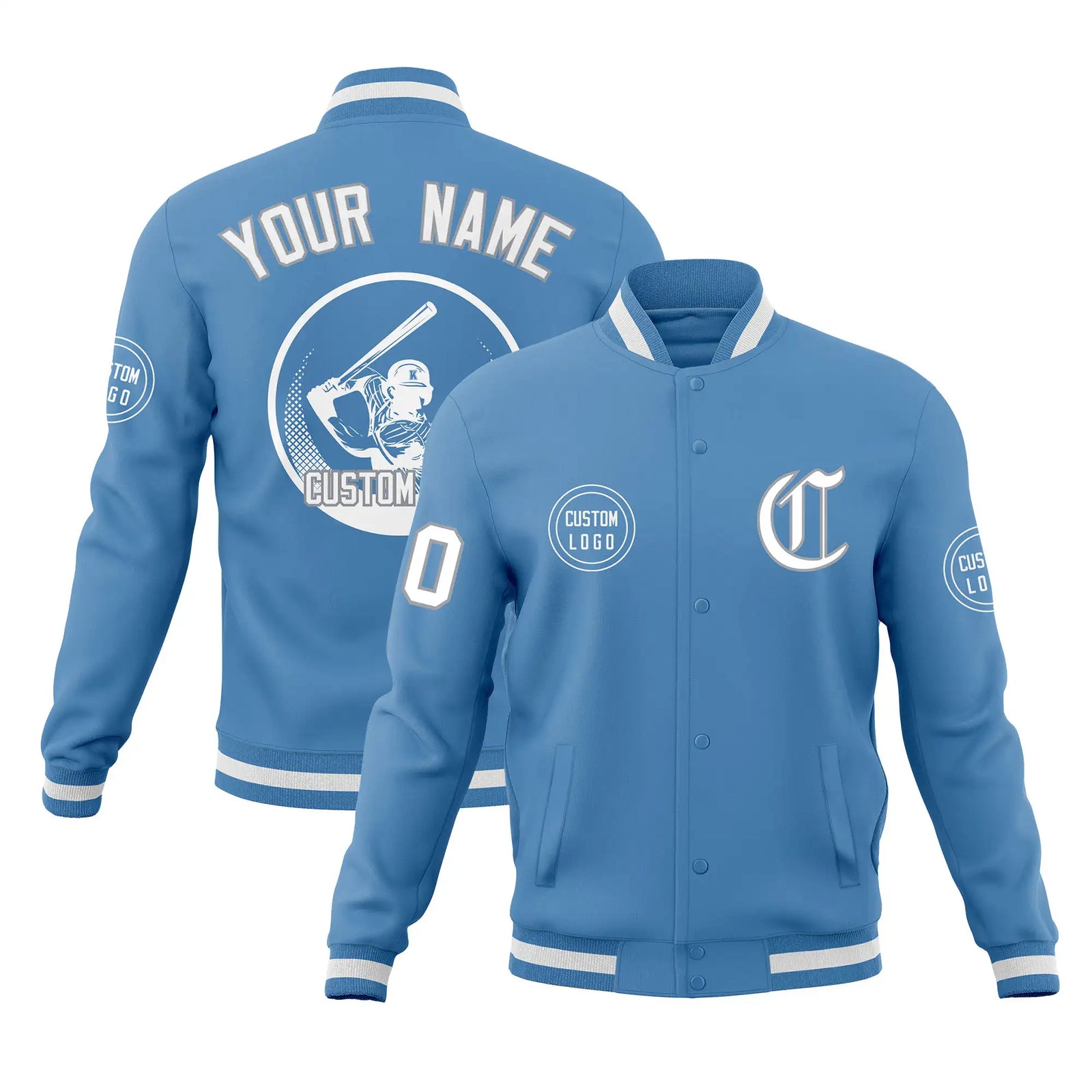 Custom Powder Blue Powder Blue-White Bomber Full-Snap Varsity Letterman Jacket