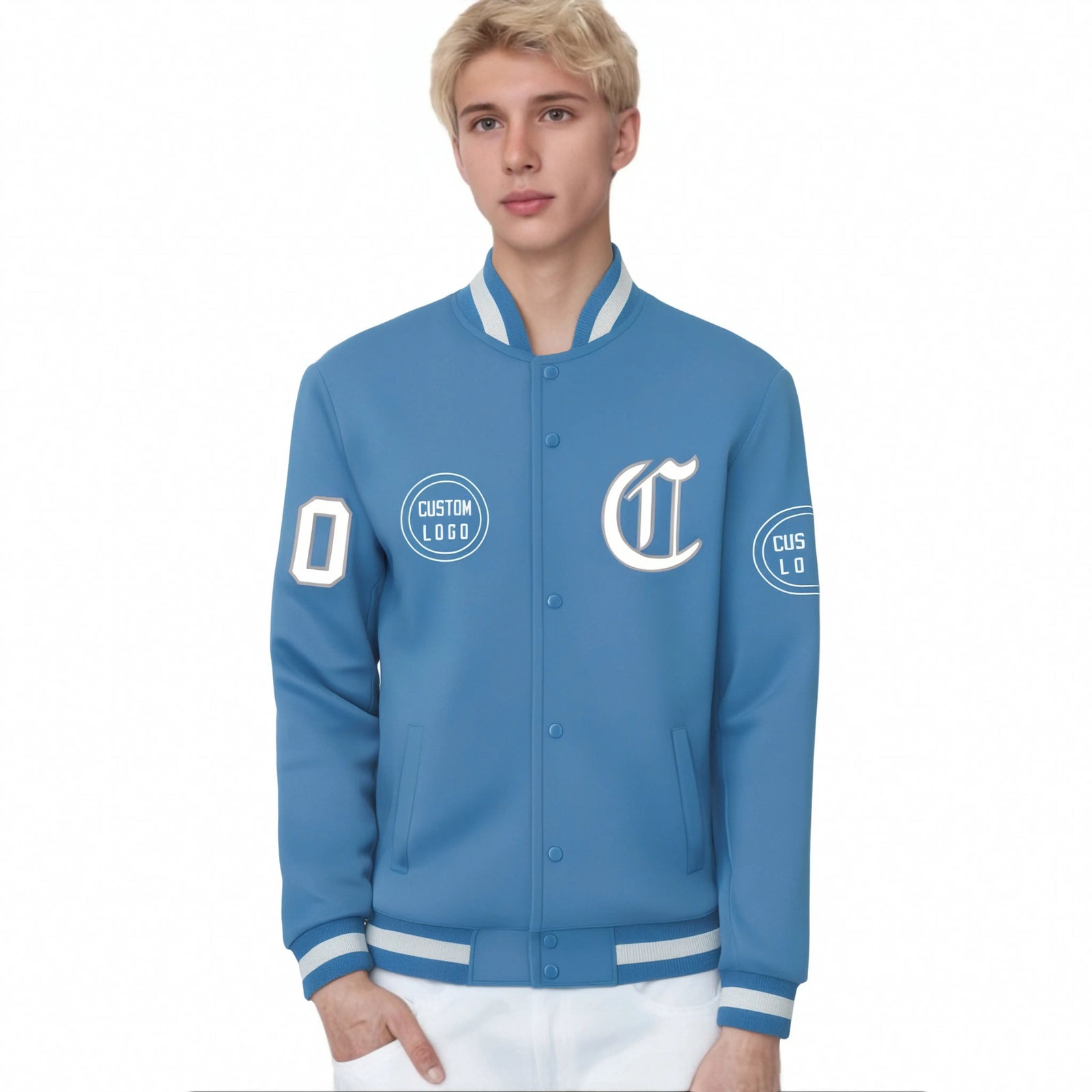 Custom Powder Blue Powder Blue-White Bomber Full-Snap Varsity Letterman Jacket