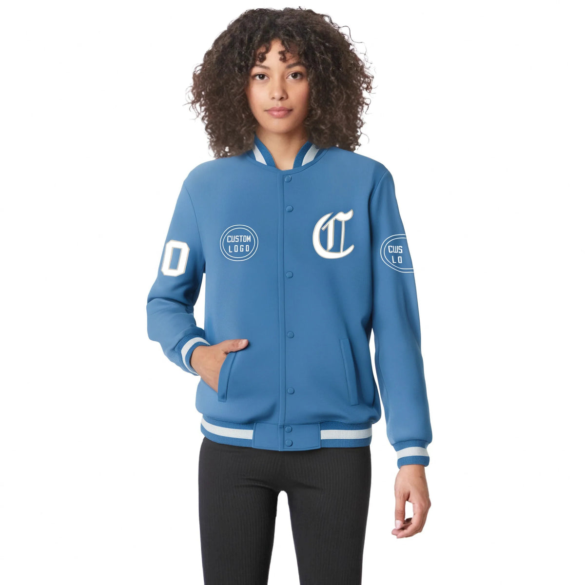 Custom Powder Blue Powder Blue-White Bomber Full-Snap Varsity Letterman Jacket