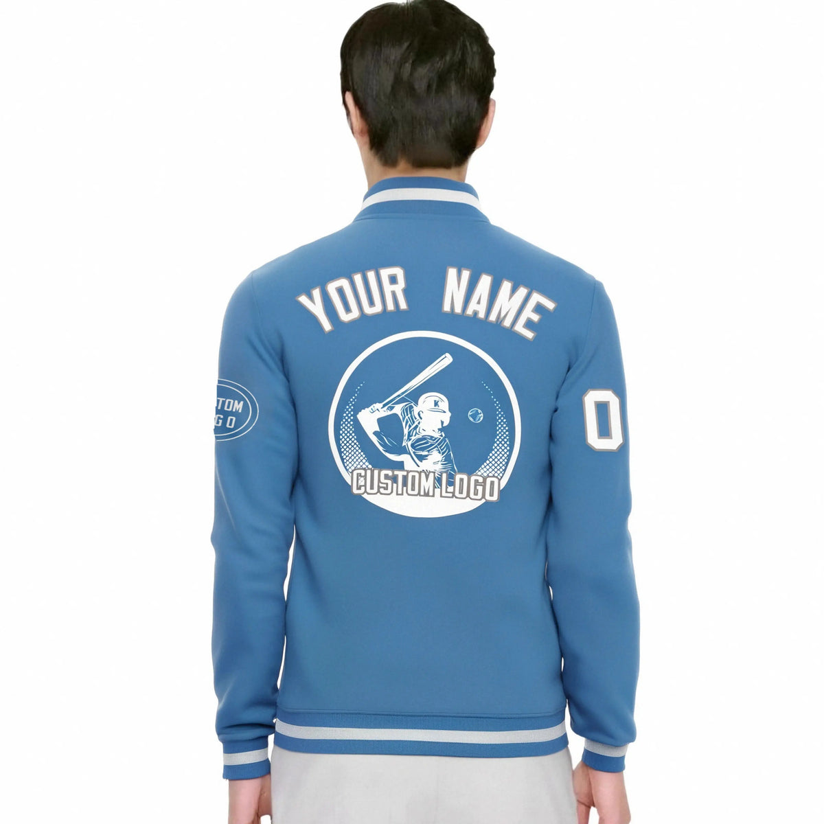 Custom Powder Blue Powder Blue-White Bomber Full-Snap Varsity Letterman Jacket