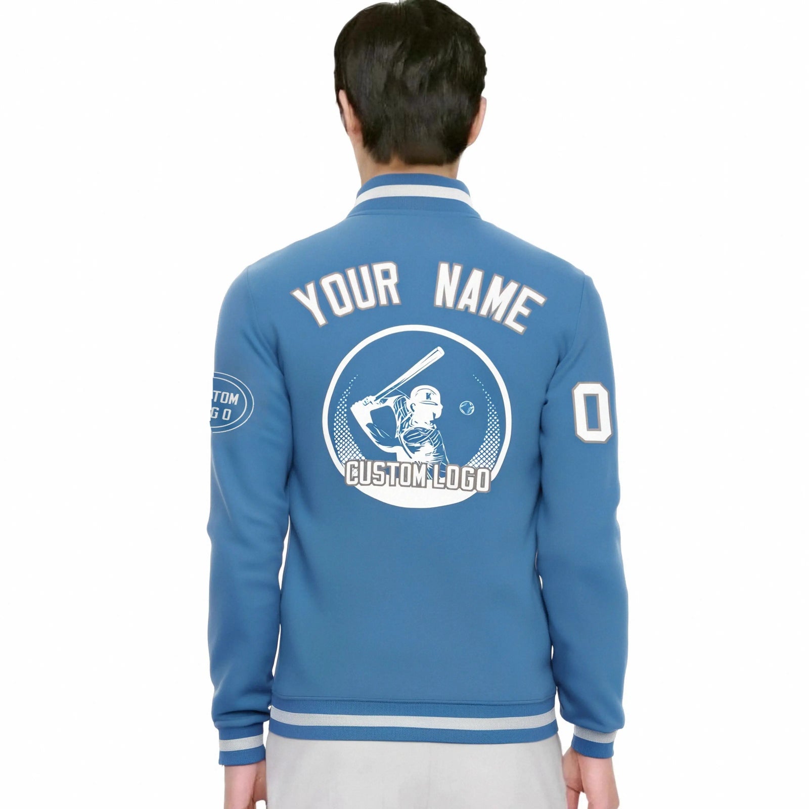 Custom Powder Blue Powder Blue-White Bomber Full-Snap Varsity Letterman Jacket