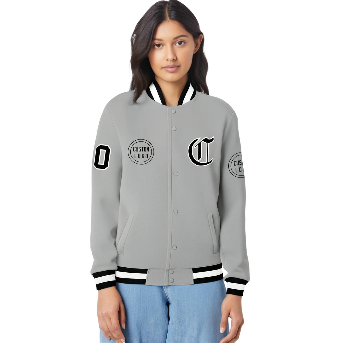 Custom Gray Black-White Bomber Full-Snap Varsity Letterman Jacket