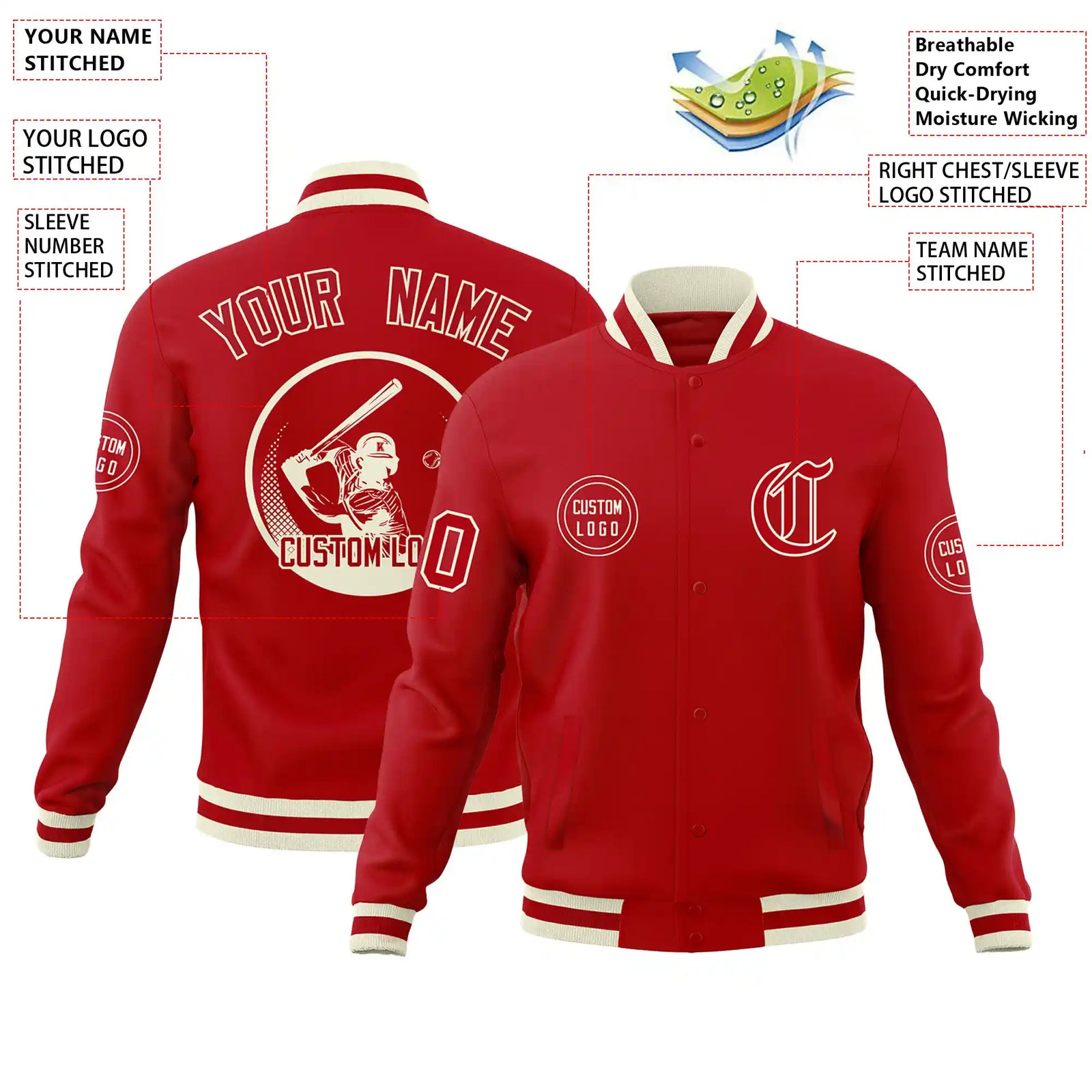 Custom Red Red-Cream Bomber Full-Snap Varsity Letterman Jacket