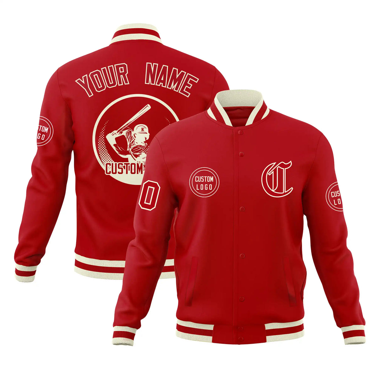 Custom Red Red-Cream Bomber Full-Snap Varsity Letterman Jacket
