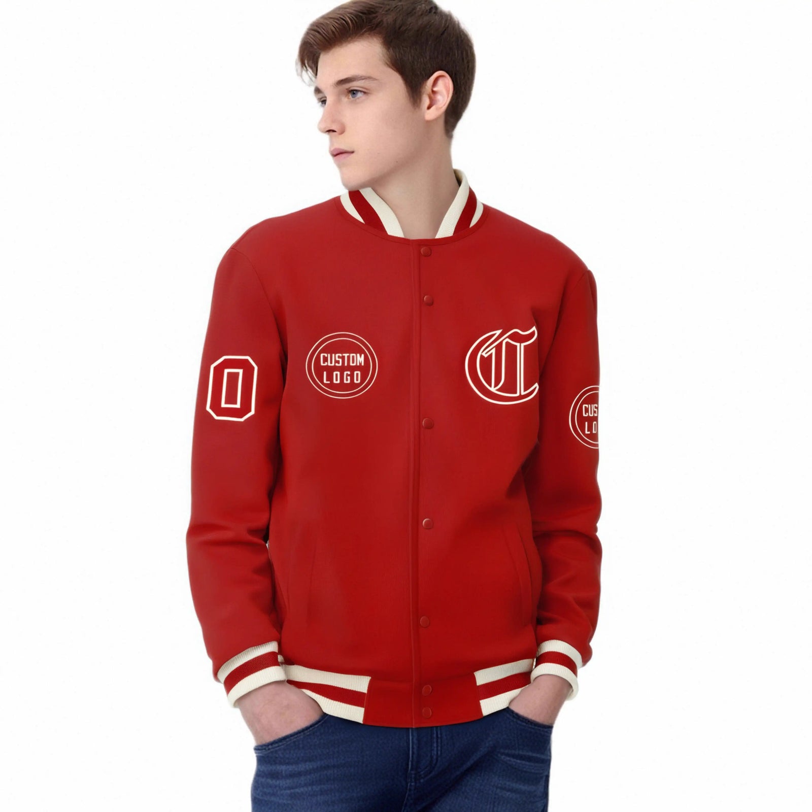 Custom Red Red-Cream Bomber Full-Snap Varsity Letterman Jacket