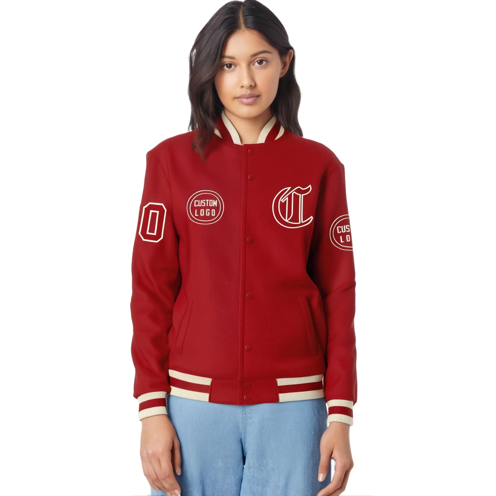Custom Red Red-Cream Bomber Full-Snap Varsity Letterman Jacket