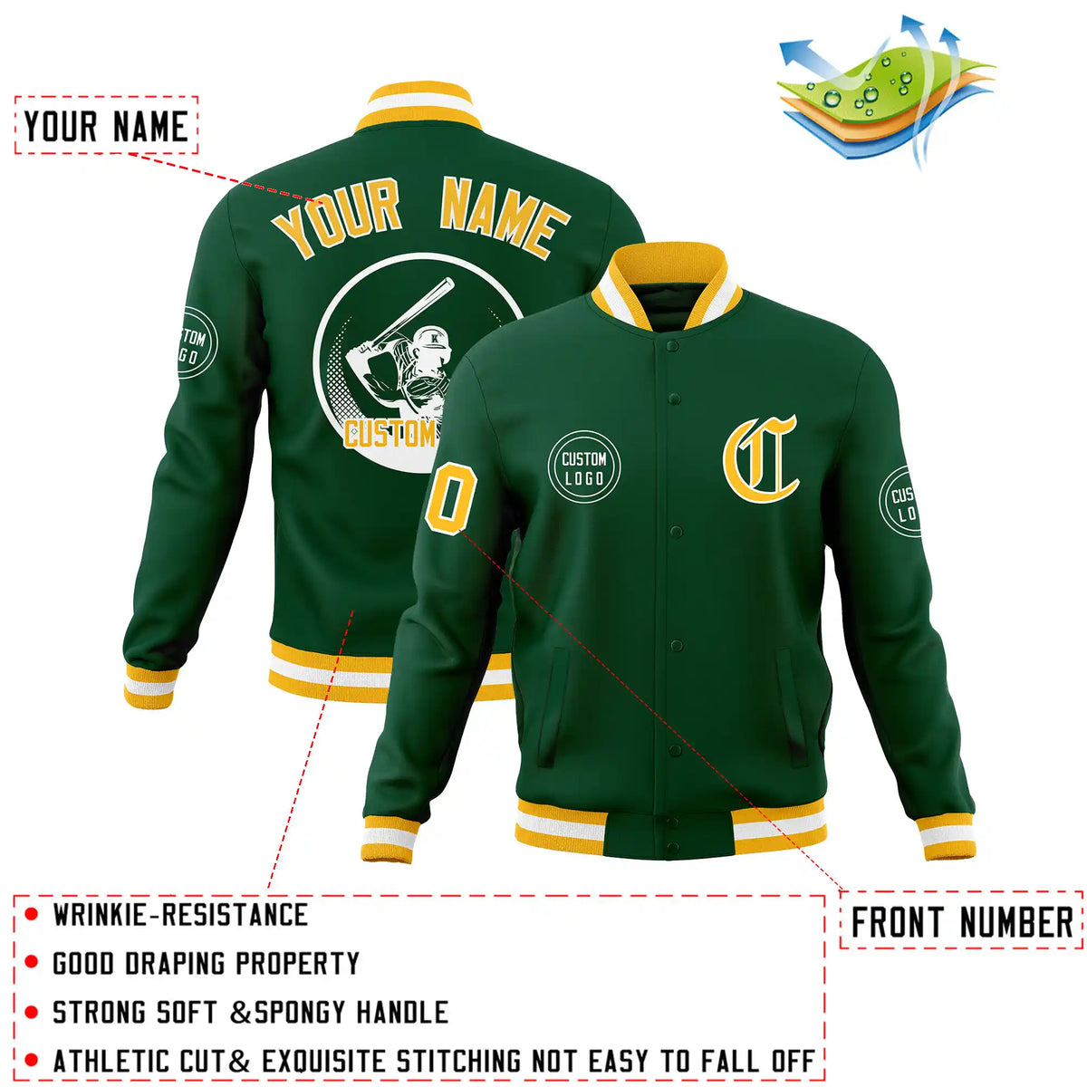 Custom Green Gold-1 White Bomber Full-Snap Varsity Letterman Jacket