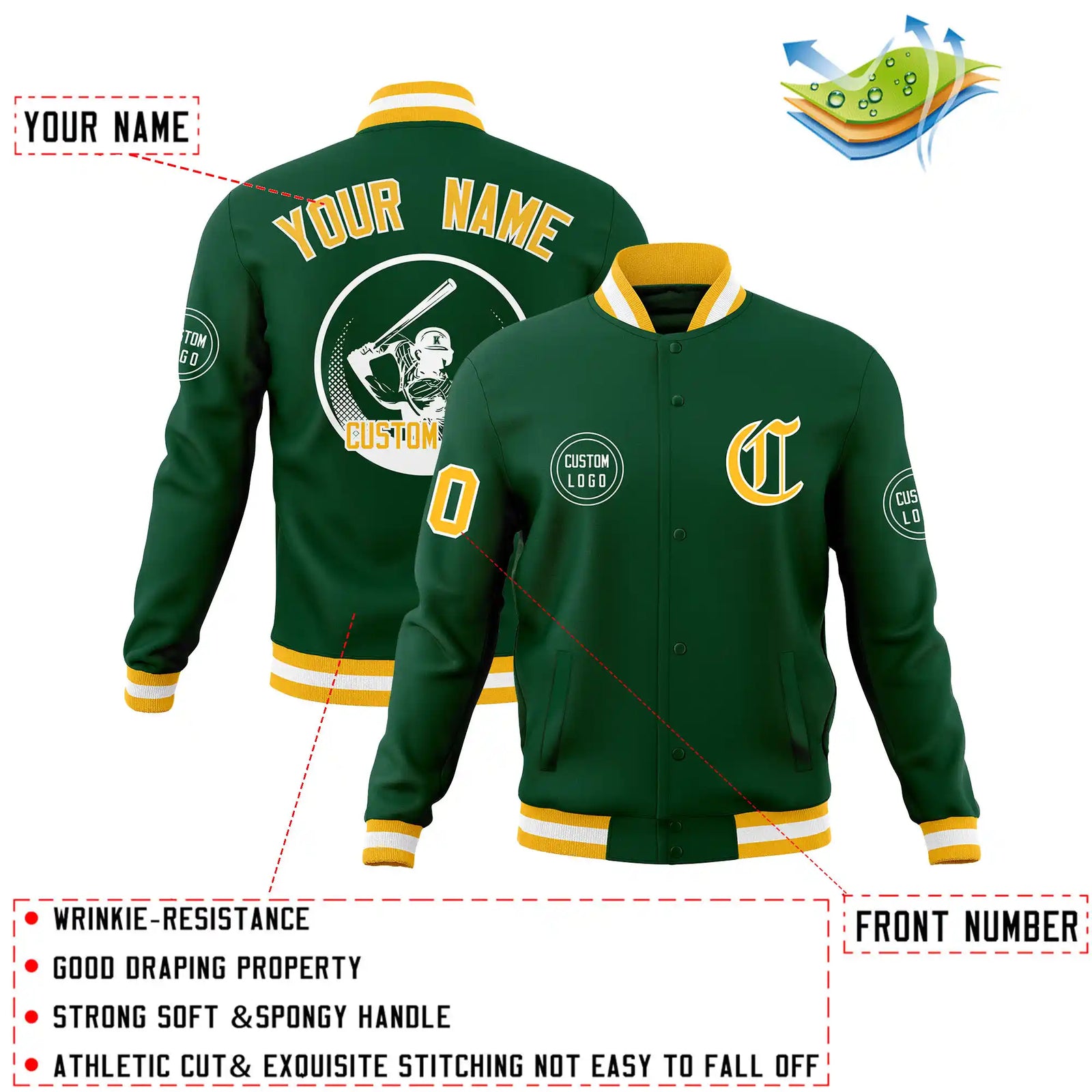 Custom Green Gold-1 White Bomber Full-Snap Varsity Letterman Jacket
