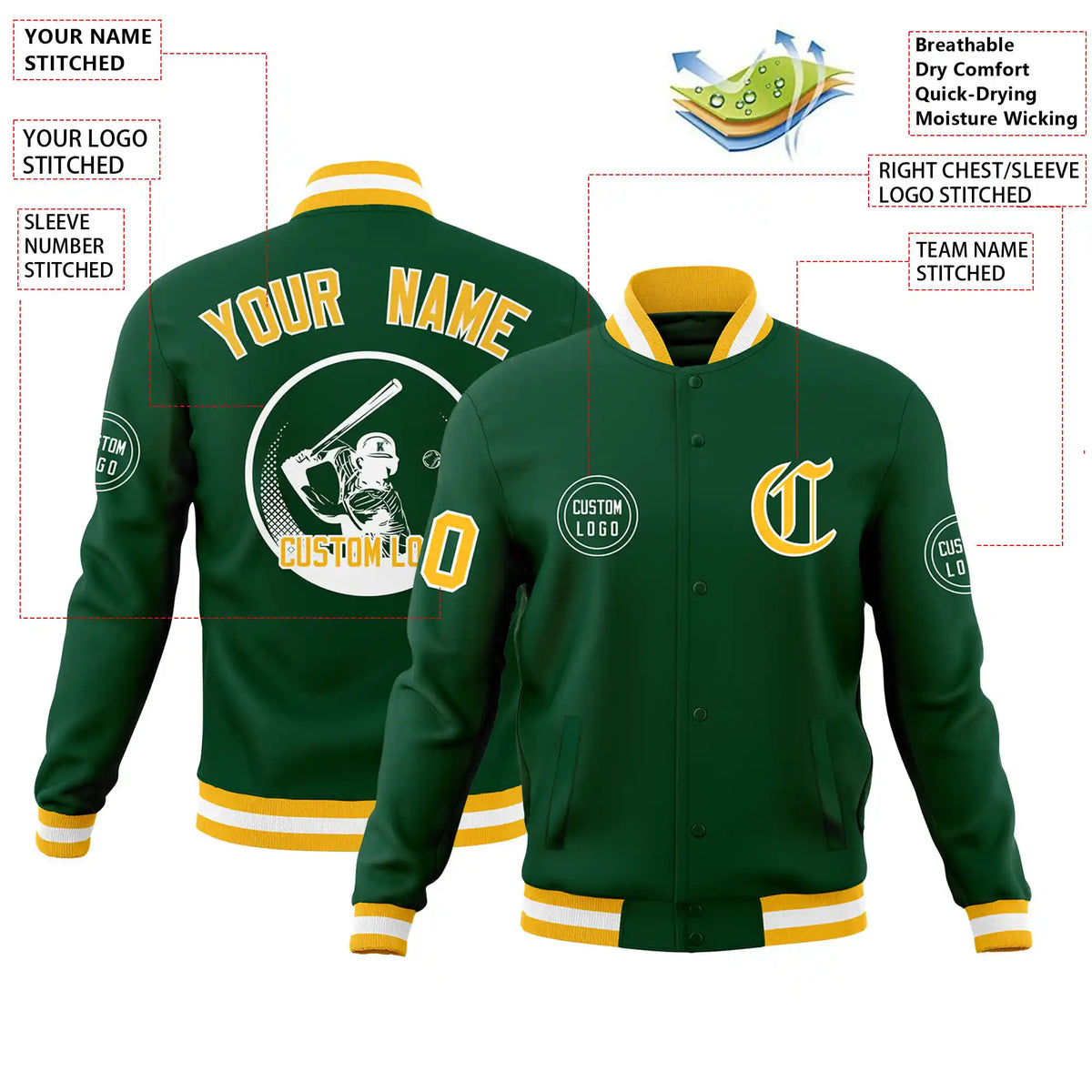 Custom Green Gold-1 White Bomber Full-Snap Varsity Letterman Jacket