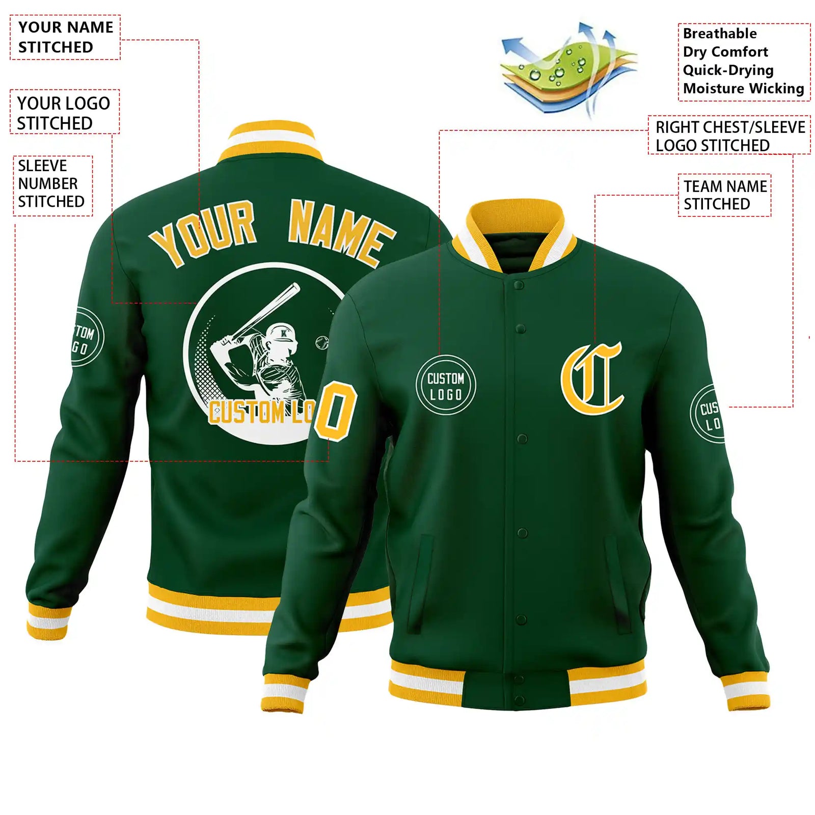 Custom Green Gold-1 White Bomber Full-Snap Varsity Letterman Jacket