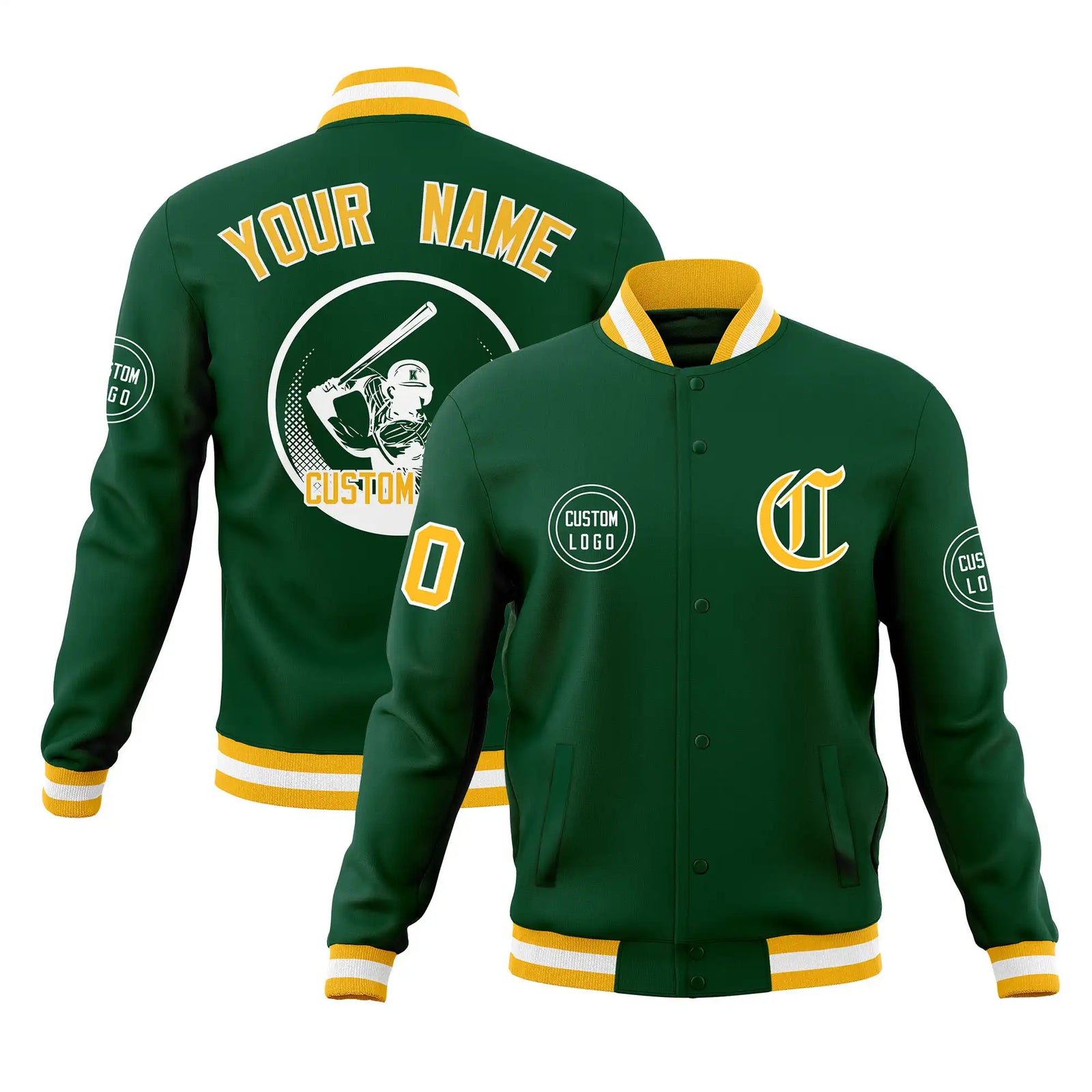 Custom Green Gold-1 White Bomber Full-Snap Varsity Letterman Jacket