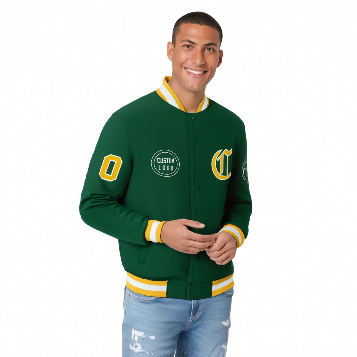 Custom Green Gold-1 White Bomber Full-Snap Varsity Letterman Jacket