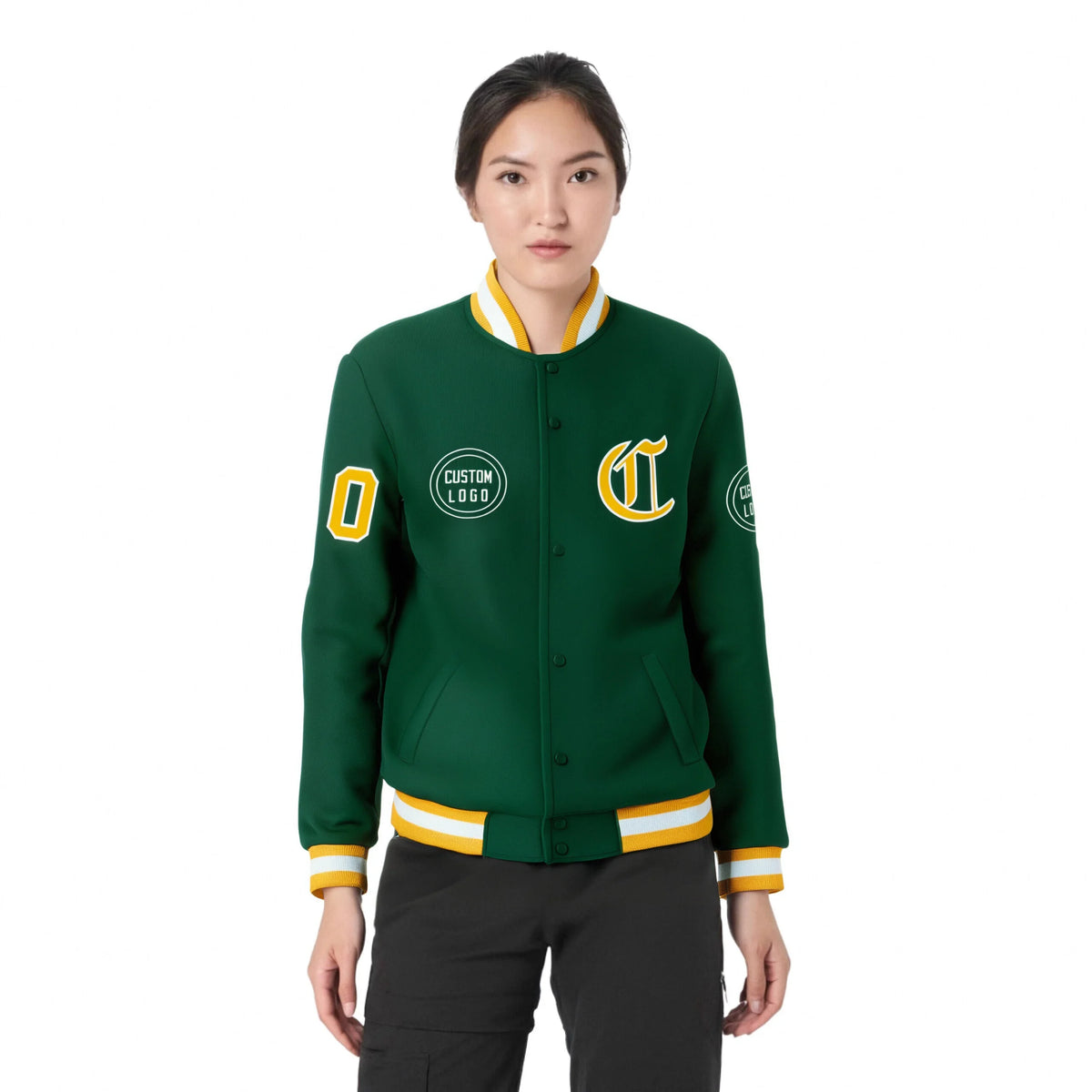 Custom Green Gold-1 White Bomber Full-Snap Varsity Letterman Jacket
